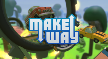 Make Way key art, with several cars jumping through a hoop suspended above a forest area